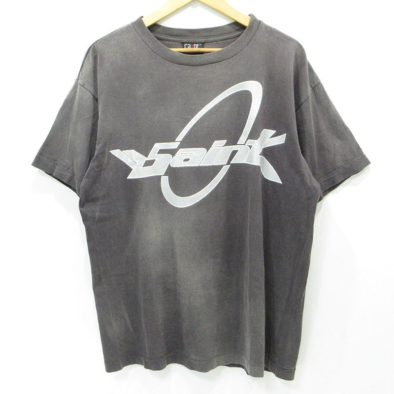 【三重本店】 中古 SAINT MICHAEL | セントマイケル S.CIRCLE TEE USED加工ロゴプリント半袖Tシャツ ダメージ加工 SM-S22-0000-021 ブラック系 グレー サイズ：L 【108】