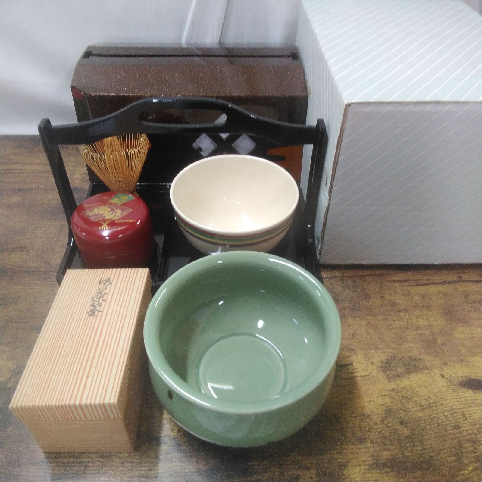 茶道具２点セット 抹茶セット カバー付抹茶セット 未使用品 茶筅に汚れあり ケースに破れ