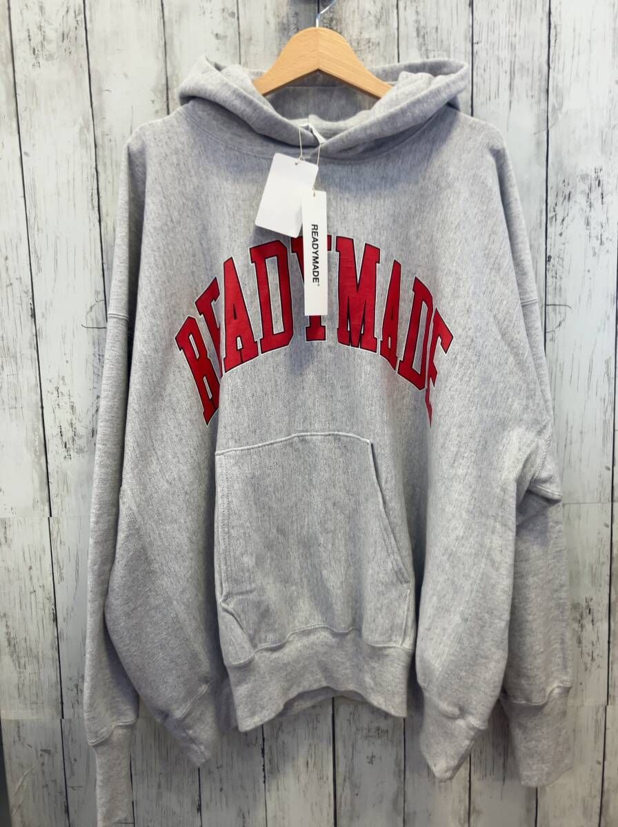 READYMADE レディメイド パーカー フーディ グレー ロゴ プリント RM-P01-0000-089 XLサイズ HOODIE ARCH LOGO 日本製 ロゴひび