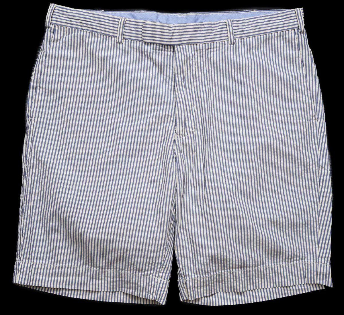 00s ポロ ラルフローレン CLASSIC FIT ストライプ コットン シアサッカー ショートパンツ サックス×アイボリー W35★ショーツ ハーフ