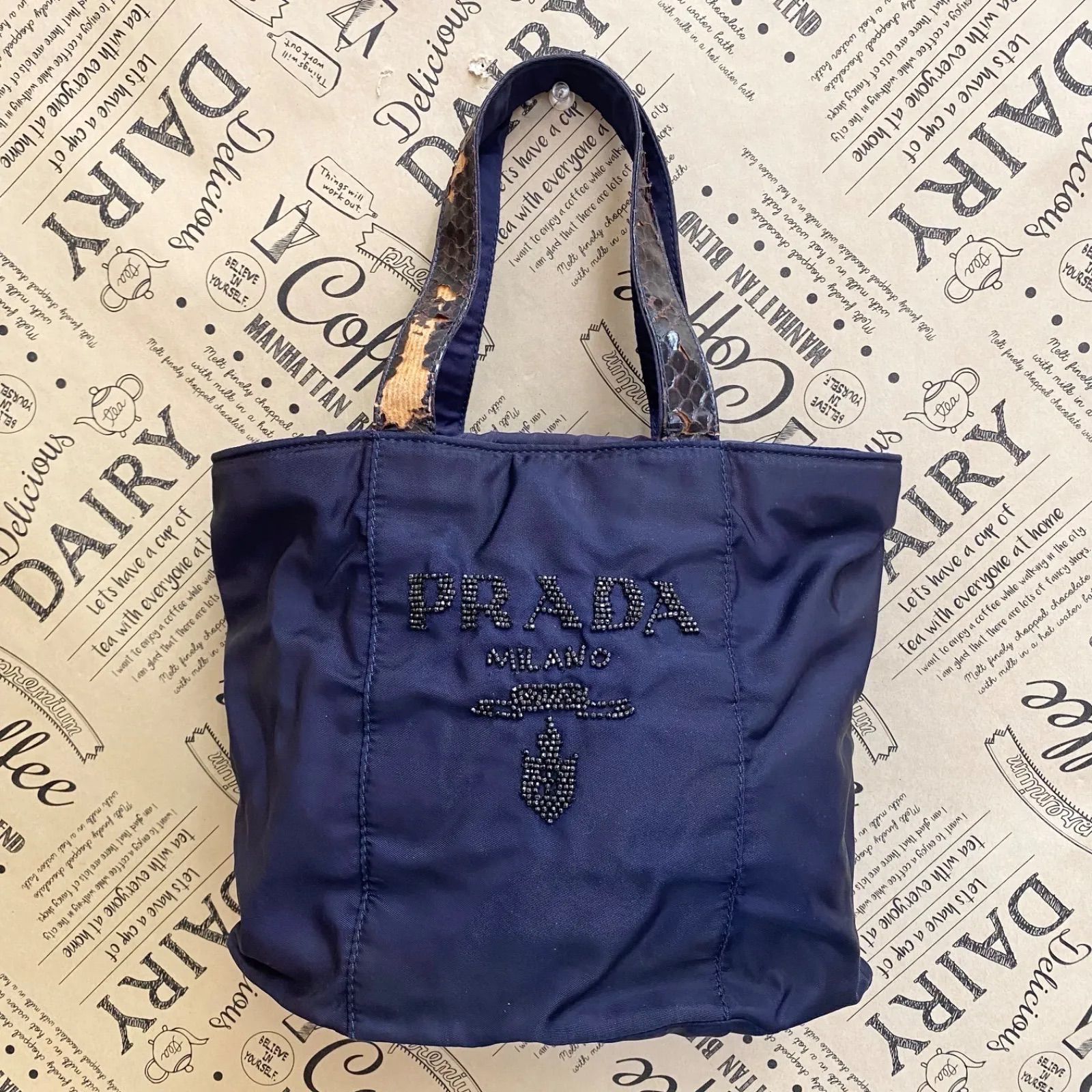 プラダ トートバッグ ビーズ刺繍 ナイロン ネイビー GG163