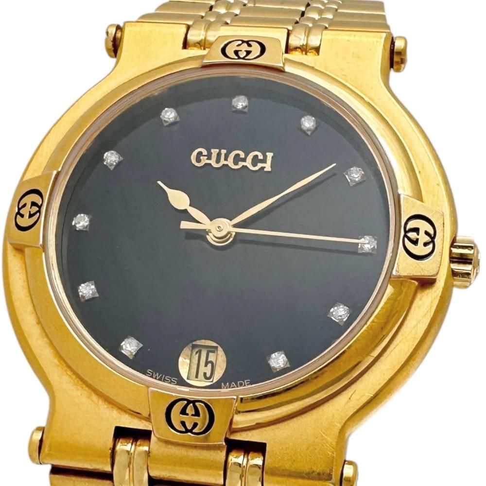 【GUCCI/グッチ】9200M ダイヤ11P 腕時計 GP クオーツ ブラック文字盤/ゴールドベルト メンズ 【中古】【真子質店】【GD】