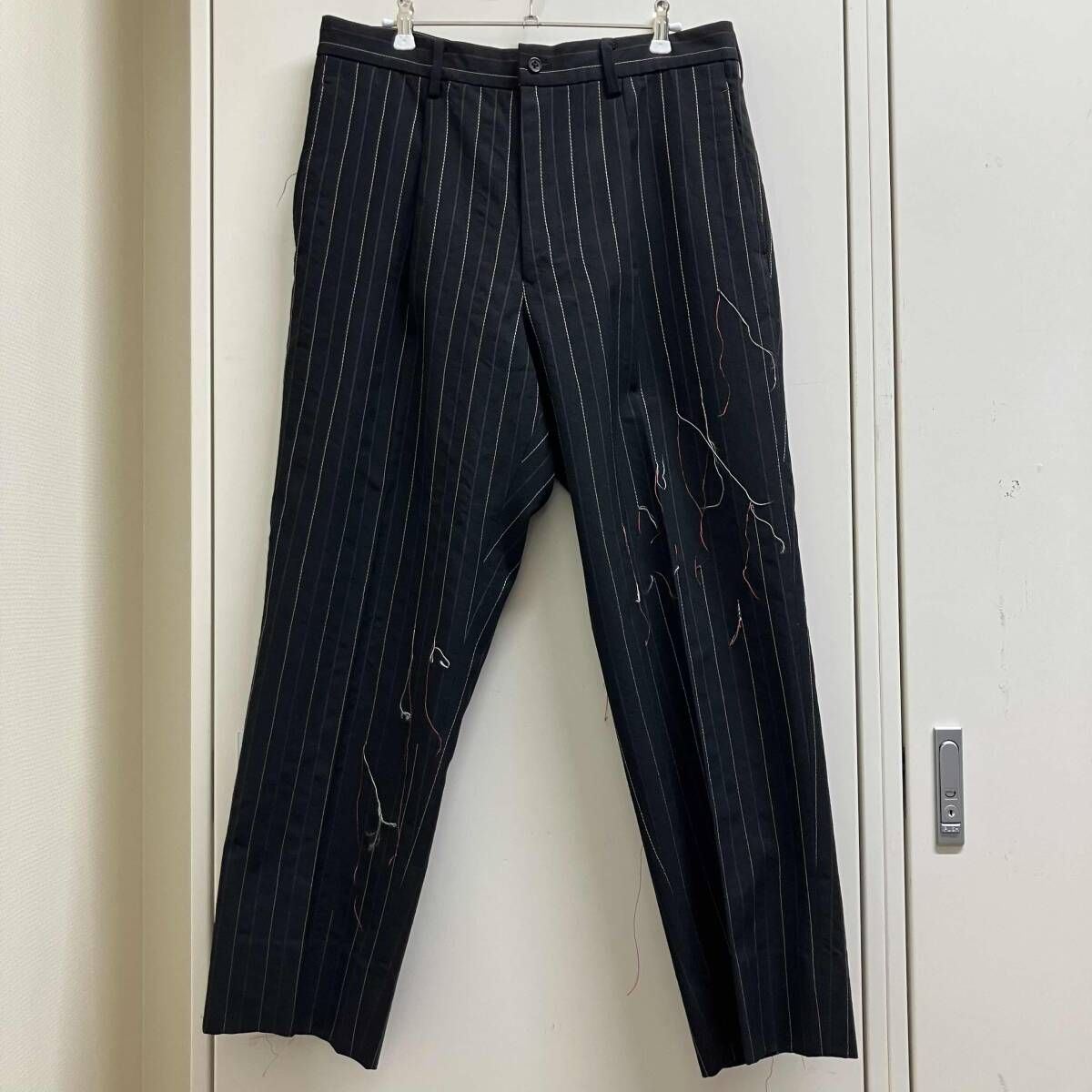 03AW YOHJI YAMAMOTO POUR HOMME ホツレ加工ストライプパンツ HU-P30-120 サイズ2 ブラック ヨウジヤマモト プールオム