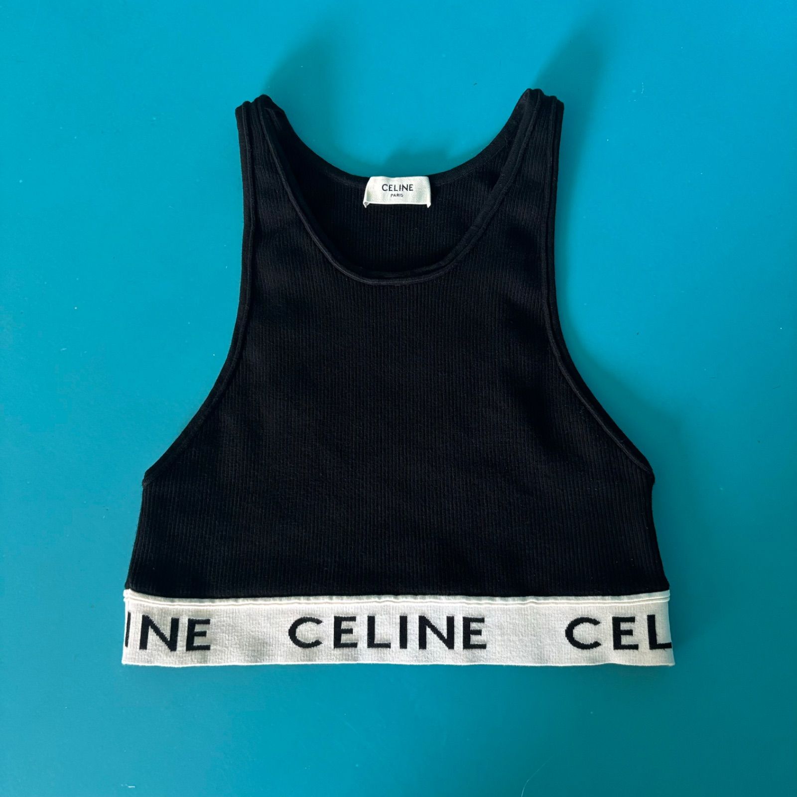 1389　セリーヌ CELINE ブラトップ クロップドトップ タンクトップ M 黒 ロゴテープ リブニット コンディション良好