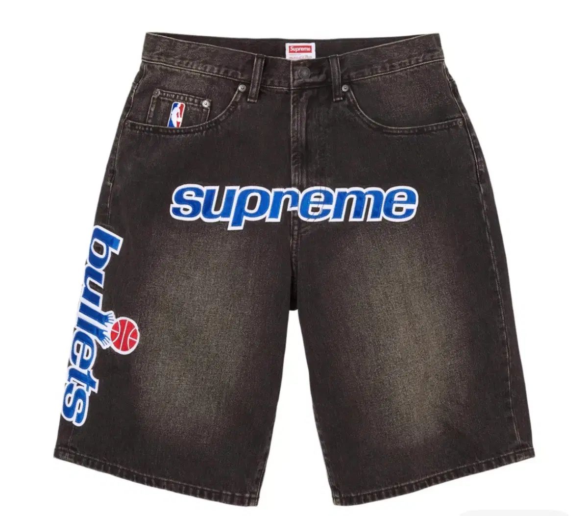 Supreme Mitchell & Ness Washington Bullets Baggy Denim Shorts Washed Black - 26SS
