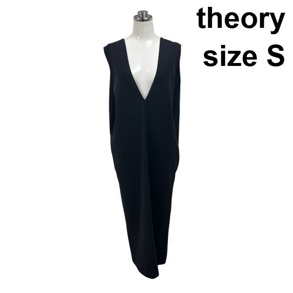 ◆ セオリー theory ワンピース ロング丈 Vネック ノースリーブ Iライン 無地 ジャンパースカート型 黒 S 7号 レディース S6H763