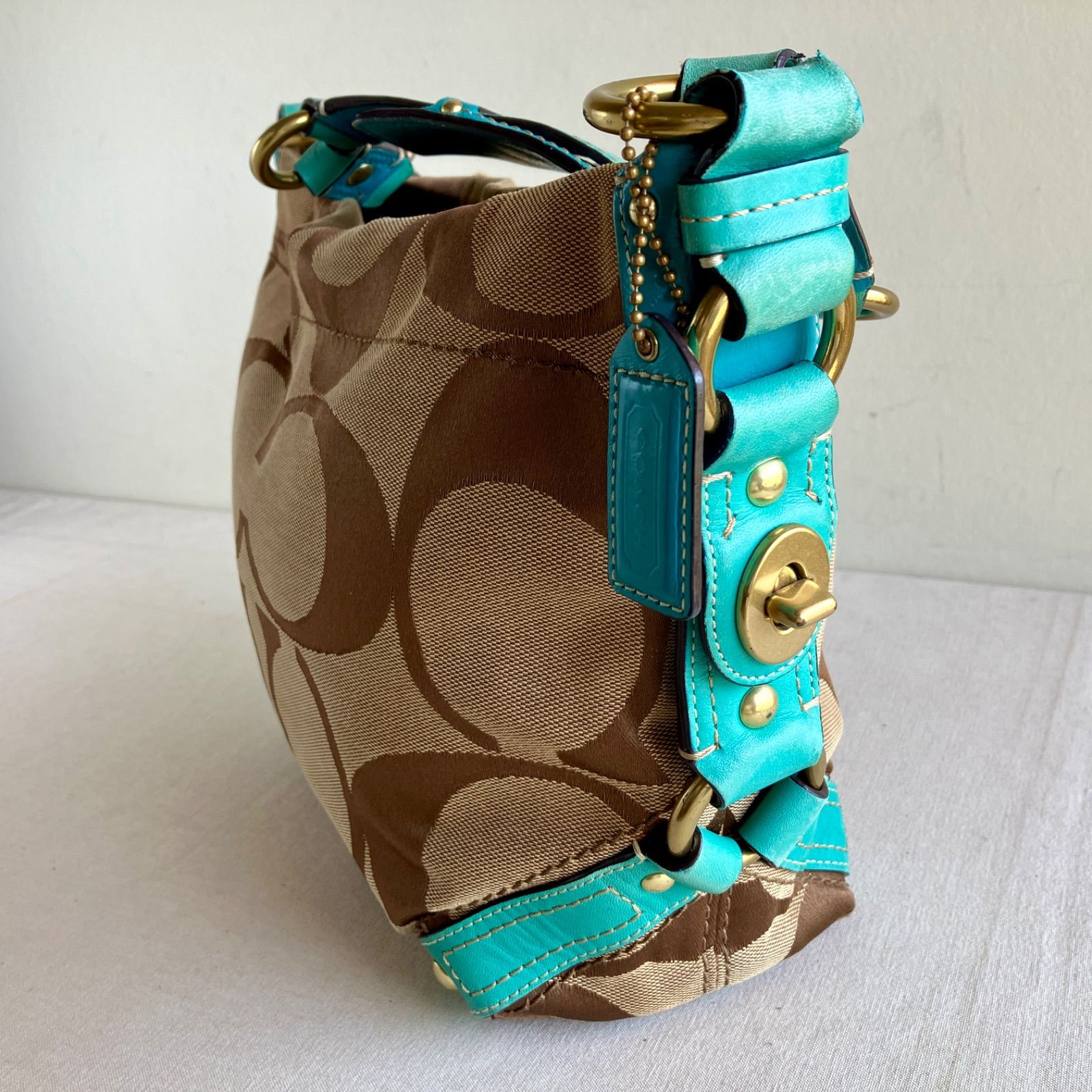 Vintage Coach Carly Signature Hobo Shoulder Bag Khaki Turquoise