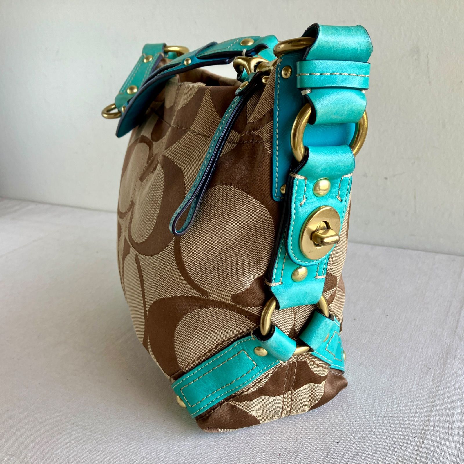 Vintage Coach Carly Signature Hobo Shoulder Bag Khaki Turquoise