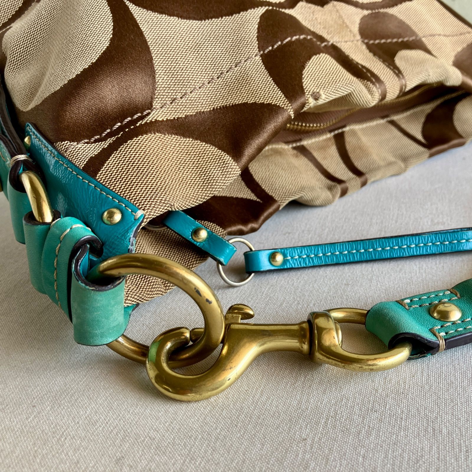 Vintage Coach Carly Signature Hobo Shoulder Bag Khaki Turquoise 