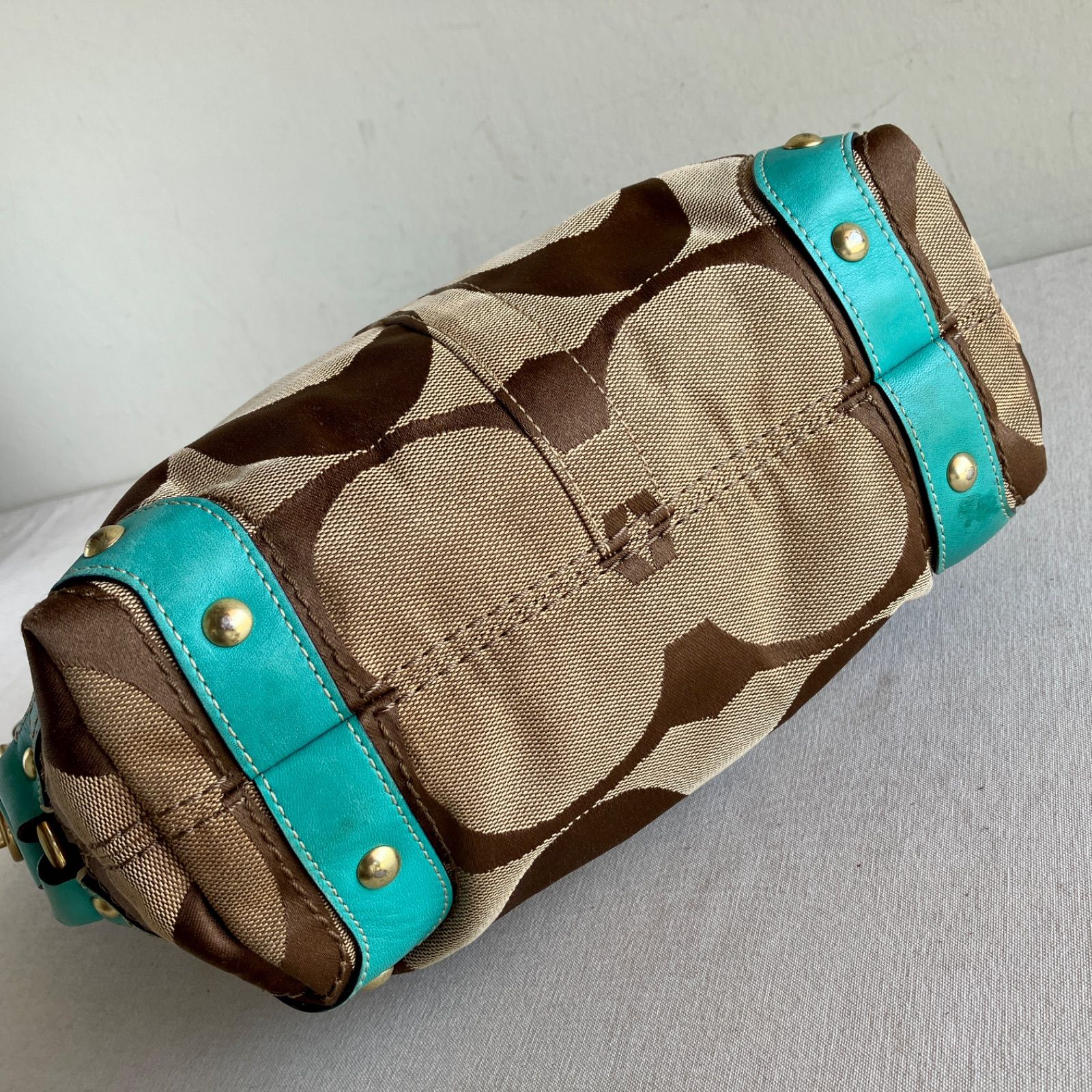 Vintage Coach Carly Signature Hobo Shoulder Bag Khaki Turquoise 