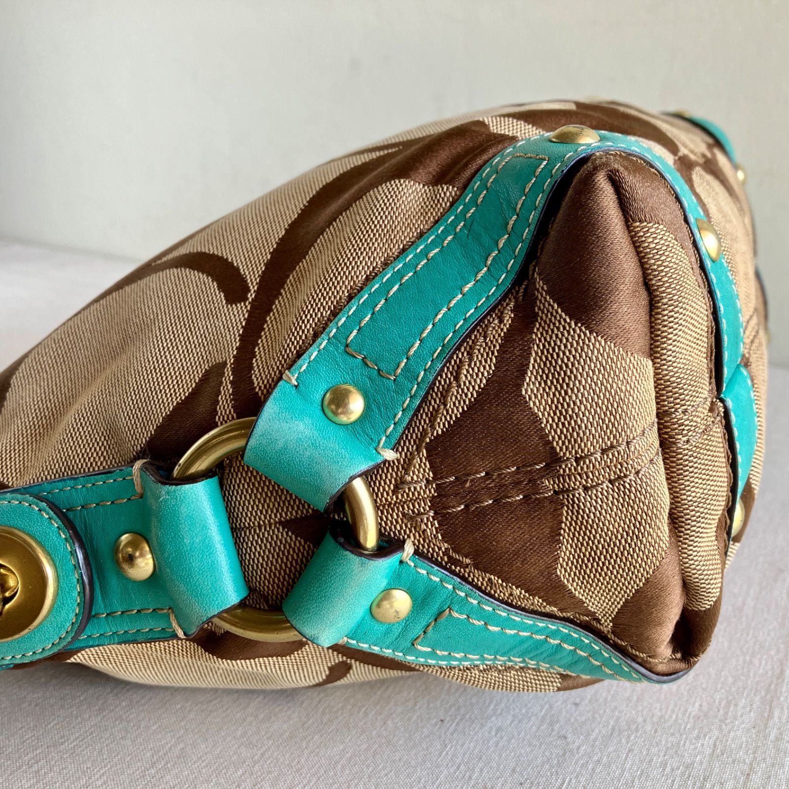Vintage Coach Carly Signature Hobo Shoulder Bag Khaki Turquoise 