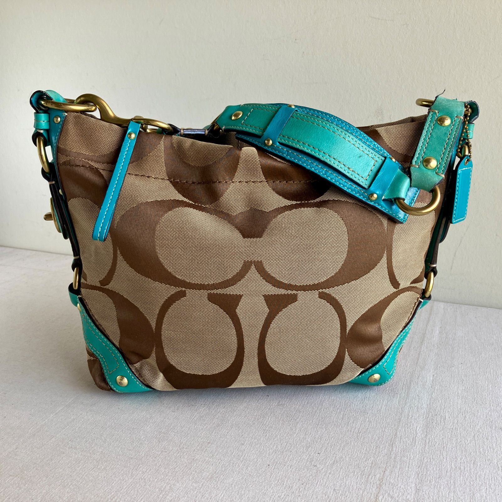 Vintage Coach Carly Signature Hobo Shoulder Bag Khaki Turquoise