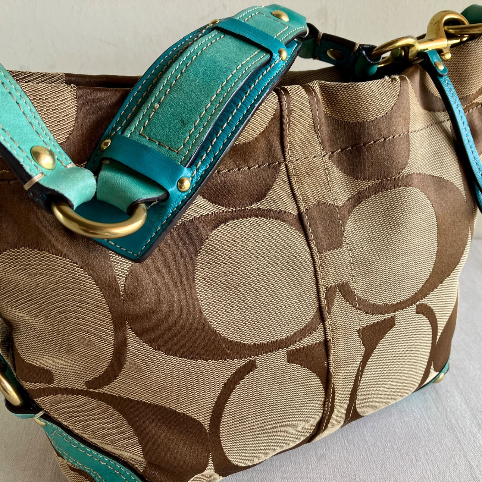 Vintage Coach Carly Signature Hobo Shoulder Bag Khaki Turquoise 