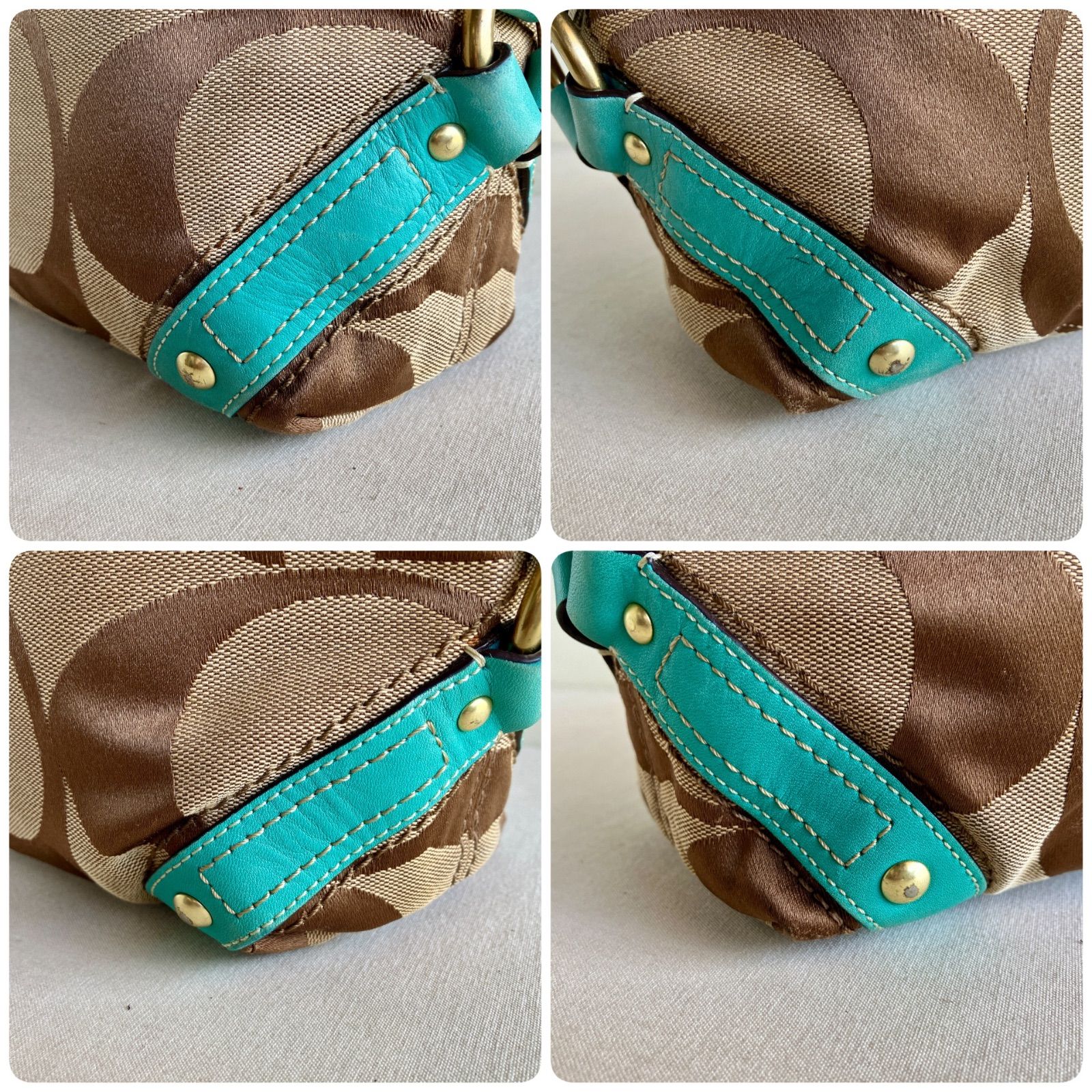 Vintage Coach Carly Signature Hobo Shoulder Bag Khaki Turquoise 