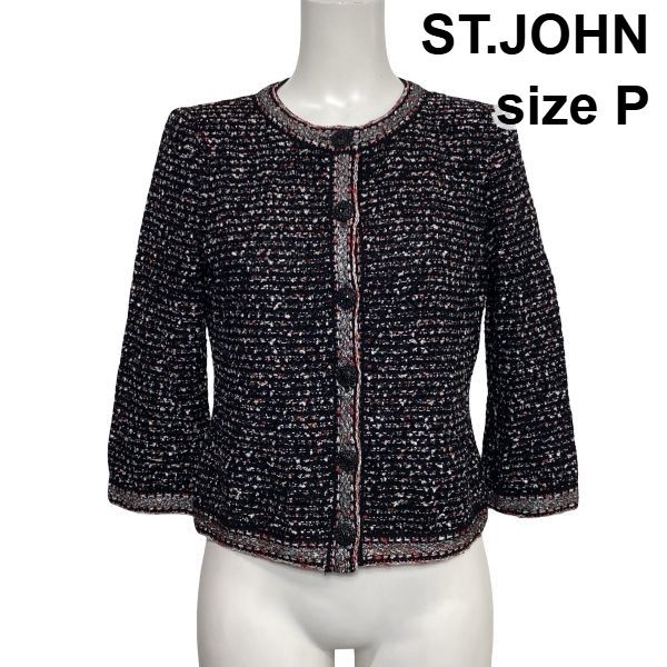 ◆ セントジョン ST.JOHN ノーカラージャケット 長袖 ミックスツイード 装飾ボタン ラメ 黒 マルチカラー 毛混 P S 7号 レディース S6H786 6,320円
