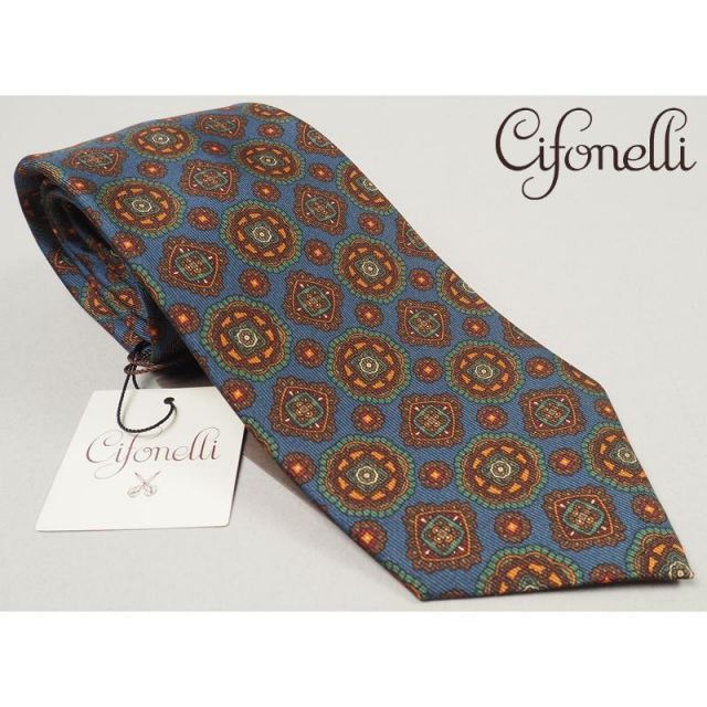 新品定価4.1万円 Cifonelli チフォネリ イタリア製 シルク100% 総柄 ネクタイ 紺 KW2901 オンワード樫山扱い 7,252円