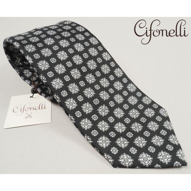 新品定価4.1万円 Cifonelli チフォネリ イタリア製 シルク100% 花柄ジャガード ネクタイ 紺茶 KW2902 オンワード樫山扱い