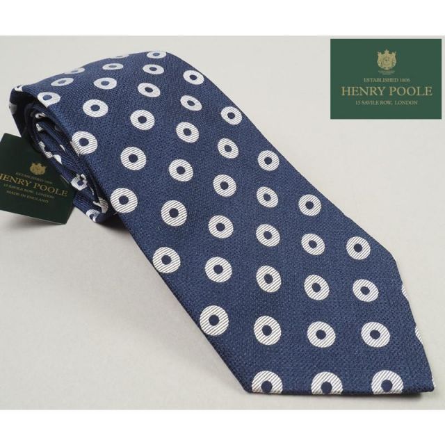 新品定価3.5万円 Henry Poole ヘンリープール イギリス製 シルク100% 水玉ドット ネクタイ 紺 BW2851-1 オンワード樫山扱い