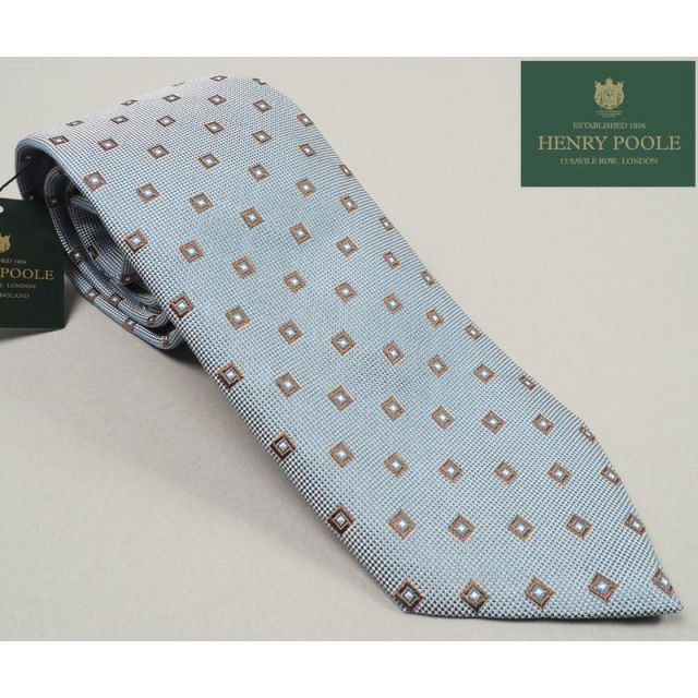 新品定価3.5万円 Henry Poole ヘンリープール イギリス製 シルク100% 格子ジャガード ネクタイ 水色 BW2851-7 オンワード樫山扱い
