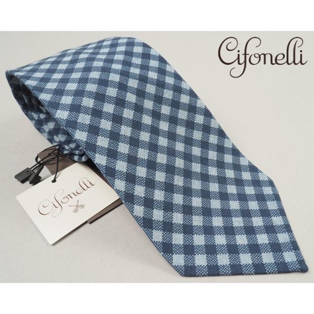 新品定価4.1万円 Cifonelli チフォネリ イタリア製 綿100% ギンガムチェック ネクタイ 紺 BM2903-6 オンワード樫山扱い
