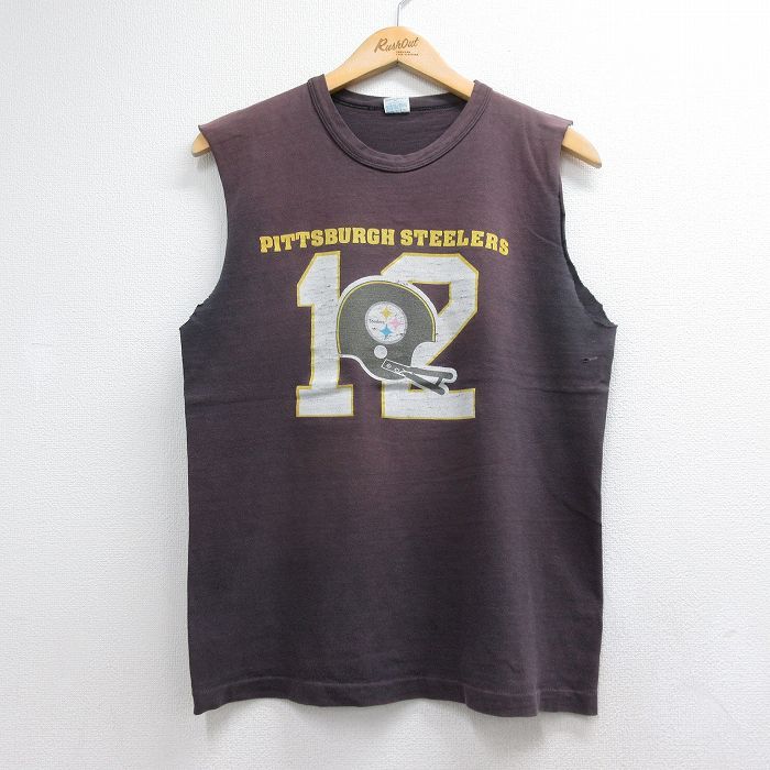 M/古着 チャンピオン Champion ノースリーブ ビンテージ Tシャツ メンズ 70年代 70s NFL ピッツバーグスティーラーズ フェード コットン クルーネック USA製 ネイビー アメフト スーパーボウル 26jul03