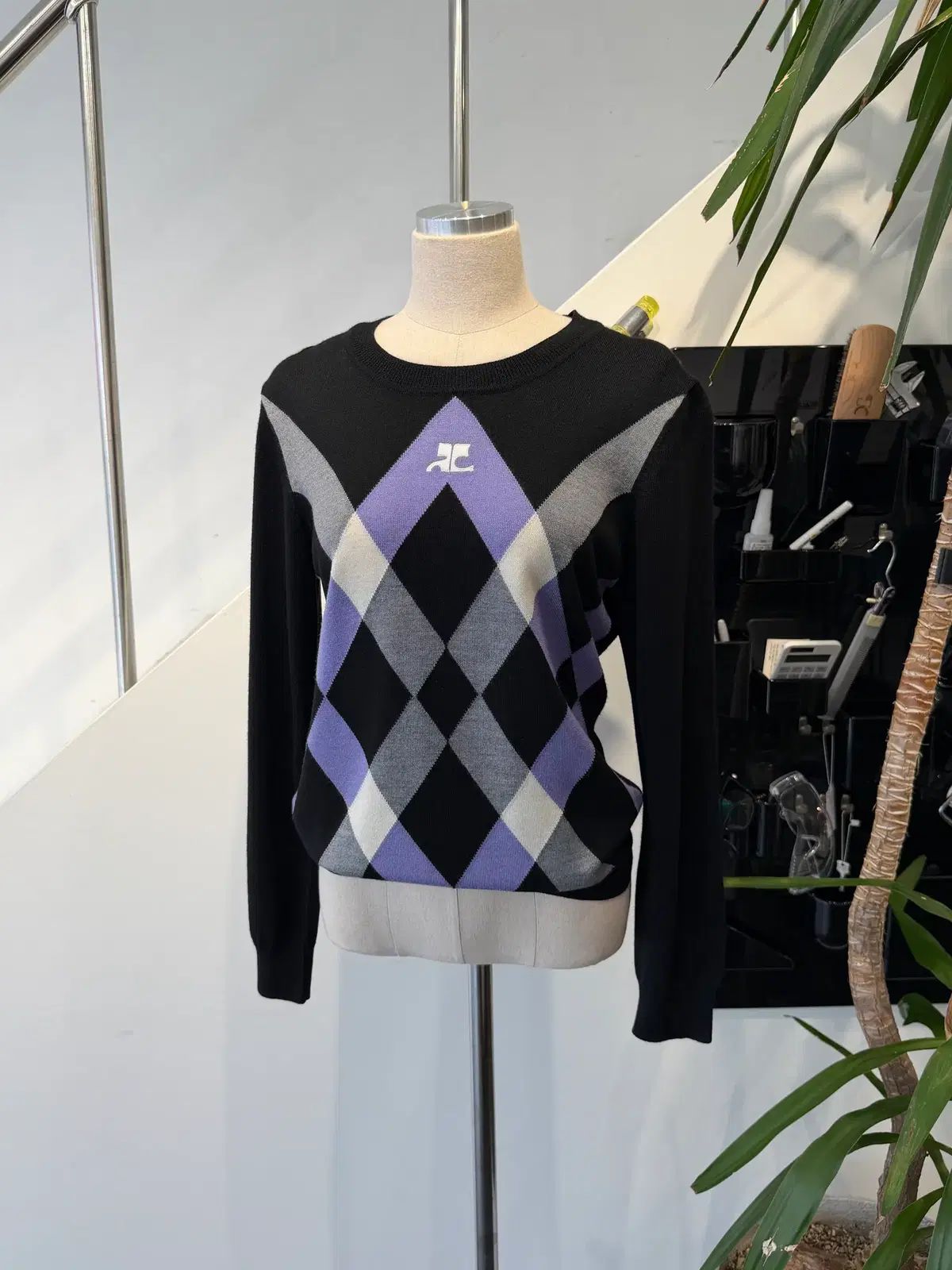 クレージュ courreges アーガイル ロゴ 刺繍 ラウンドネック ニット 40