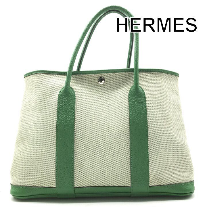 超美品 HERMES エルメス ガーデンパーティ PM キャンバス レザー グリーン トート バッグ ブランド 鞄 かばん レディース 刻印あり r1786 101,970円