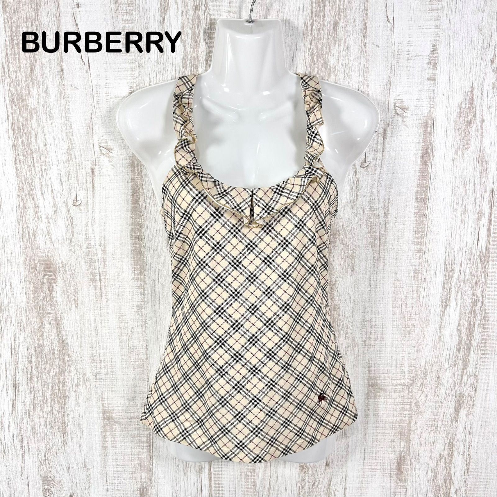 00s BURBERRY BLUE LABEL バーバリーブルーレーベル ホースロゴ刺繡 ノバチェック フリル バッククロス タンクトップ ベージュ y2k 平成ギャル キャミ