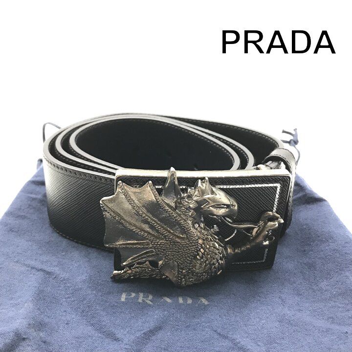 美品 PRADA プラダ ドラゴン サフィアーノ レザー ベルト 服飾小物 アニマル メンズ ブラック シルバー プレゼント ギフト 保存袋付 y257