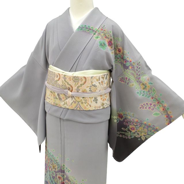 新古品】 訪問着 着物 未使用 正絹 袷 フォーマル 辻が花 ライトグレー