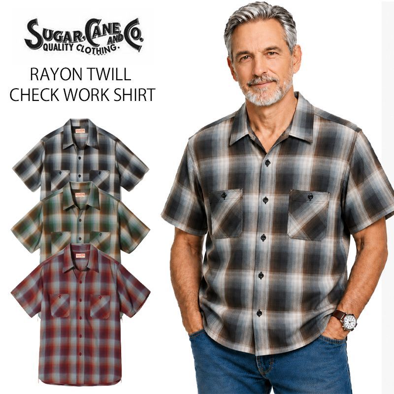 SUGAR CANE シュガーケーン 半袖 レーヨン ツイル チェック ワークシャツ RAYON TWILL CHECK WORK SHIRT SC39726 ブラック グリーン レッド ワーク オンブレ 11,396円
