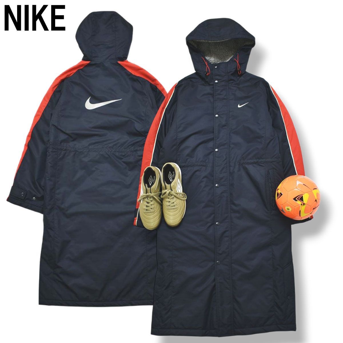 ナイキ NIKE ベンチ コート パーカー ジャンパー ウィンドブレーカー 裏地 中綿 キルティング ボア フリース S ネイビー x レッド サッカー フットボール スポーツ ウェア メンズ