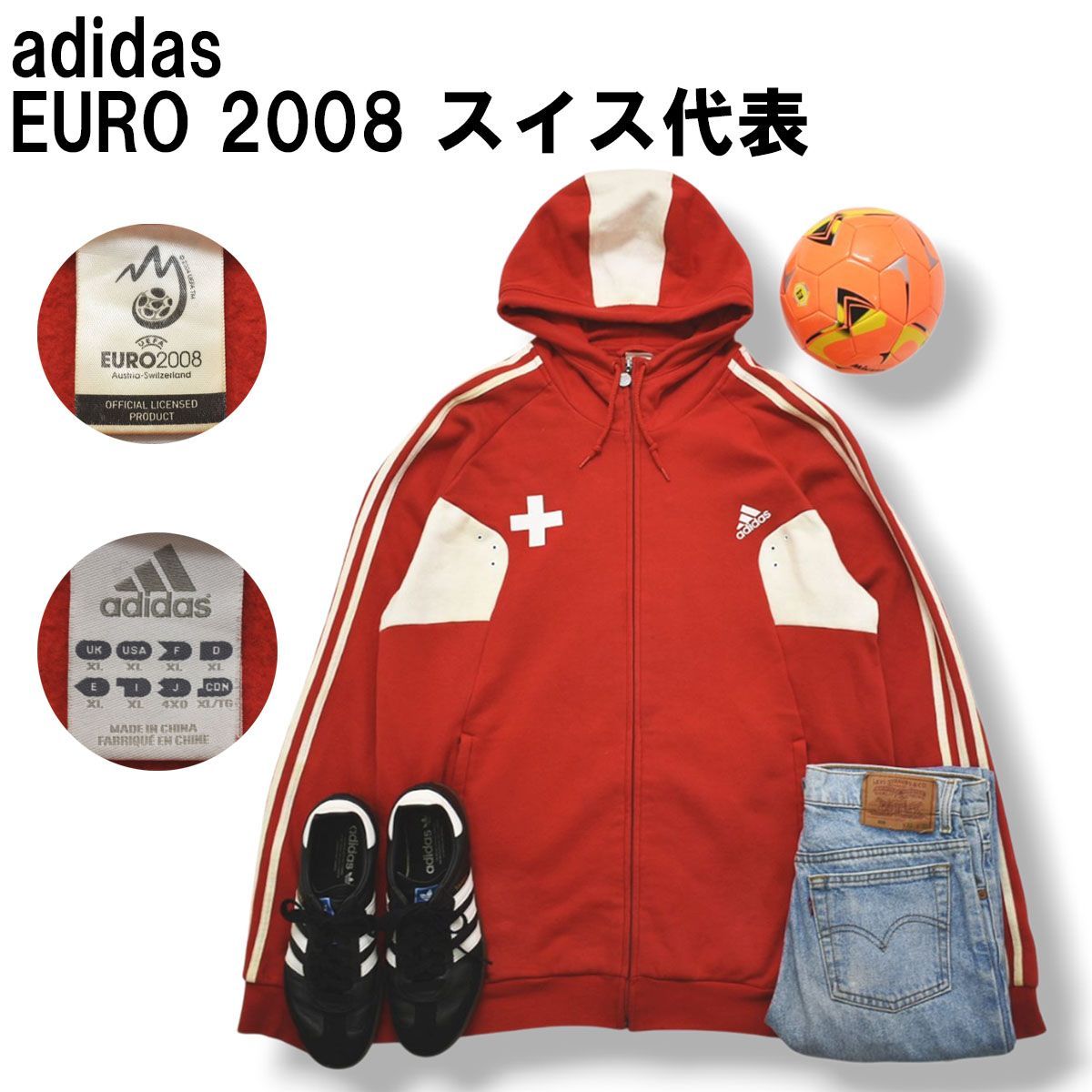 00s ヴィンテージ アディダス adidas EURO 2008 スイス代表 ジップ パーカー スウェット トレーナー 裏起毛 4XO レッド x ホワイト サッカー フットボール メンズ