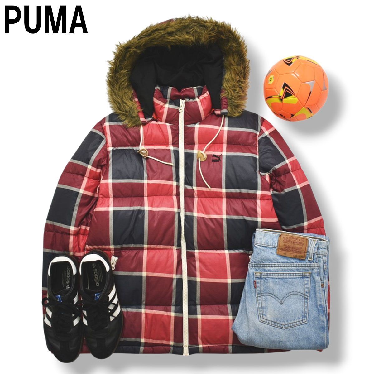 プーマ PUMA キルティング ダウン ジャケット フードファー パーカー ジャンパー ウィンドブレーカー L チェック柄 レッド x ブラック スポーツ カジュアル ウェア メンズ 8,960円