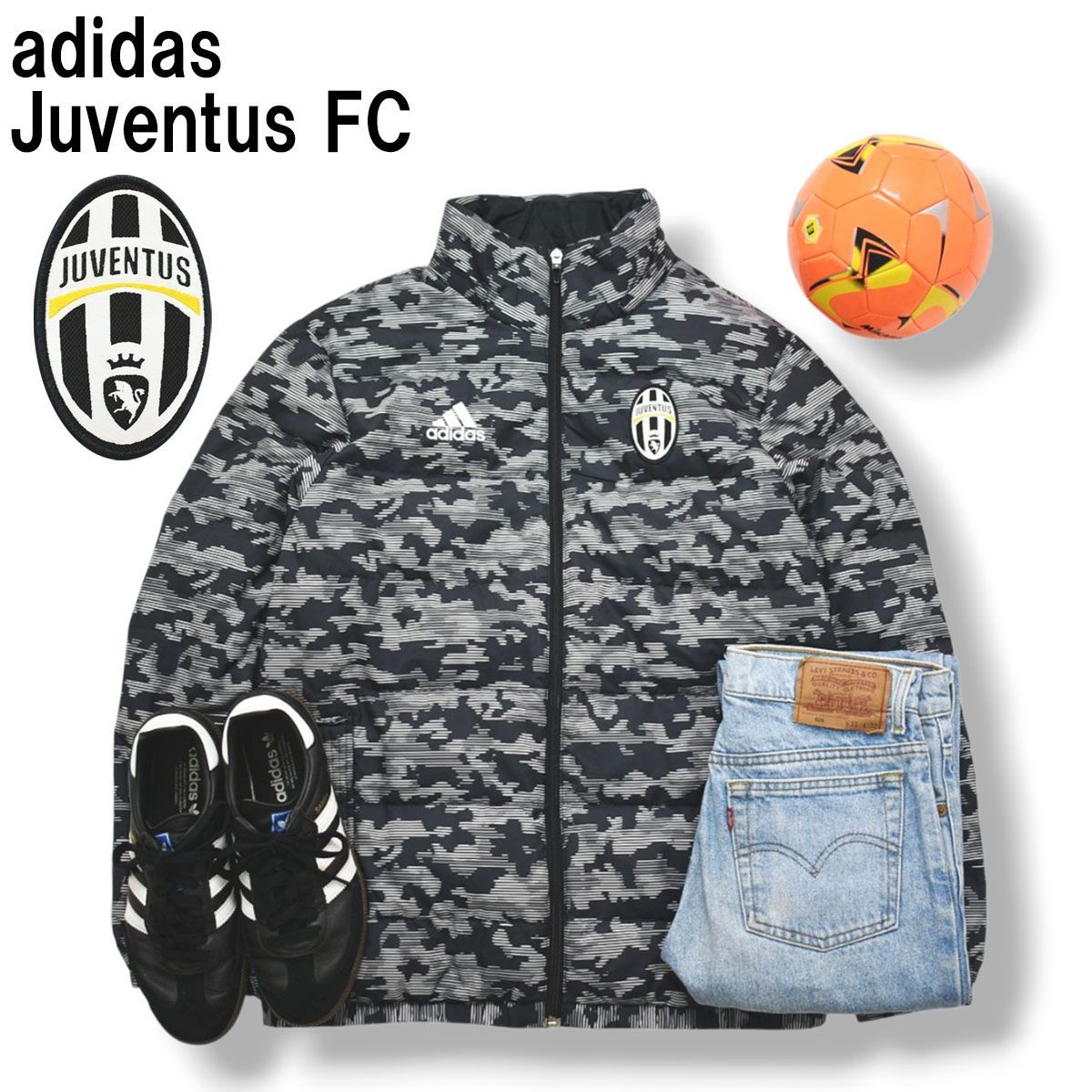 アディダス adidas ユヴェントス Juventus FC キルティング ダウン ジャケット ジップアップ ジャンパー M 迷彩柄 ブラック サッカー フットボール スポーツ ウェア メンズ