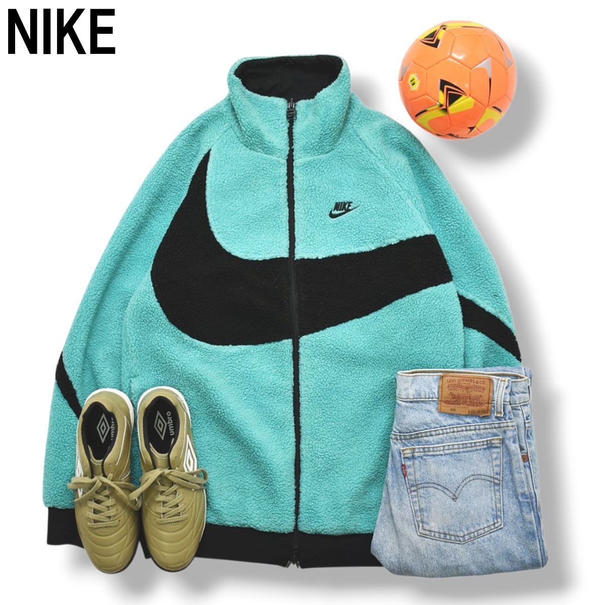 【人気】 ナイキ NIKE BIG SWOOSH BOA JACKET ビッグ スウッシュ ロゴ リバーシブル ボア フリース ジャケット M ターコイズ x ブラック スポーツ ストリート メンズ