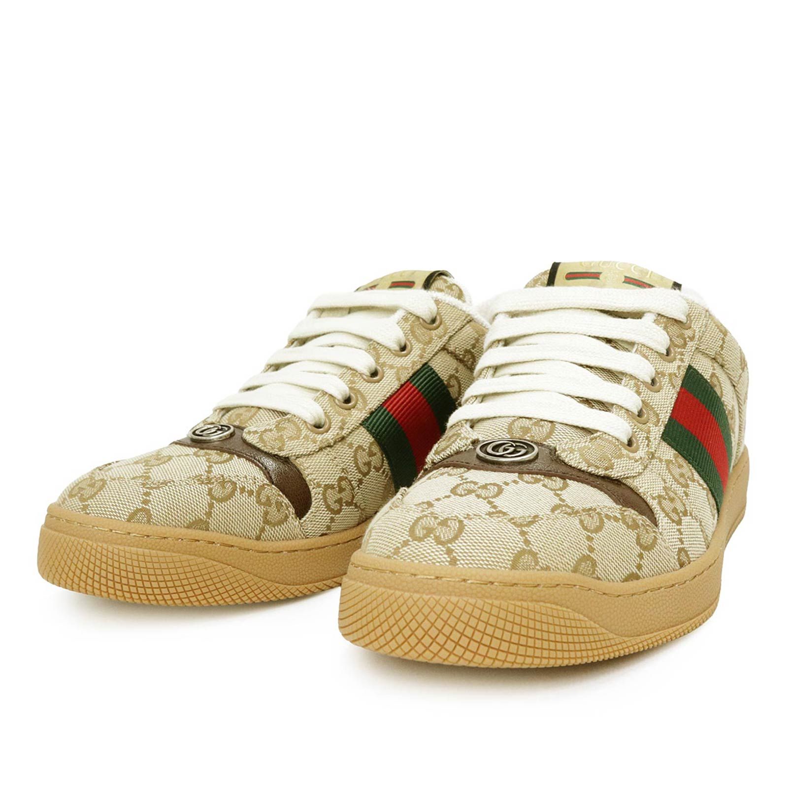 グッチ 865048 スクリーナー GGキャンバス ウェブストライプ レザー ベージュ スニーカー シューズ 靴 #38 25cm GUCCI シルバー金具（新品・未使用品）
