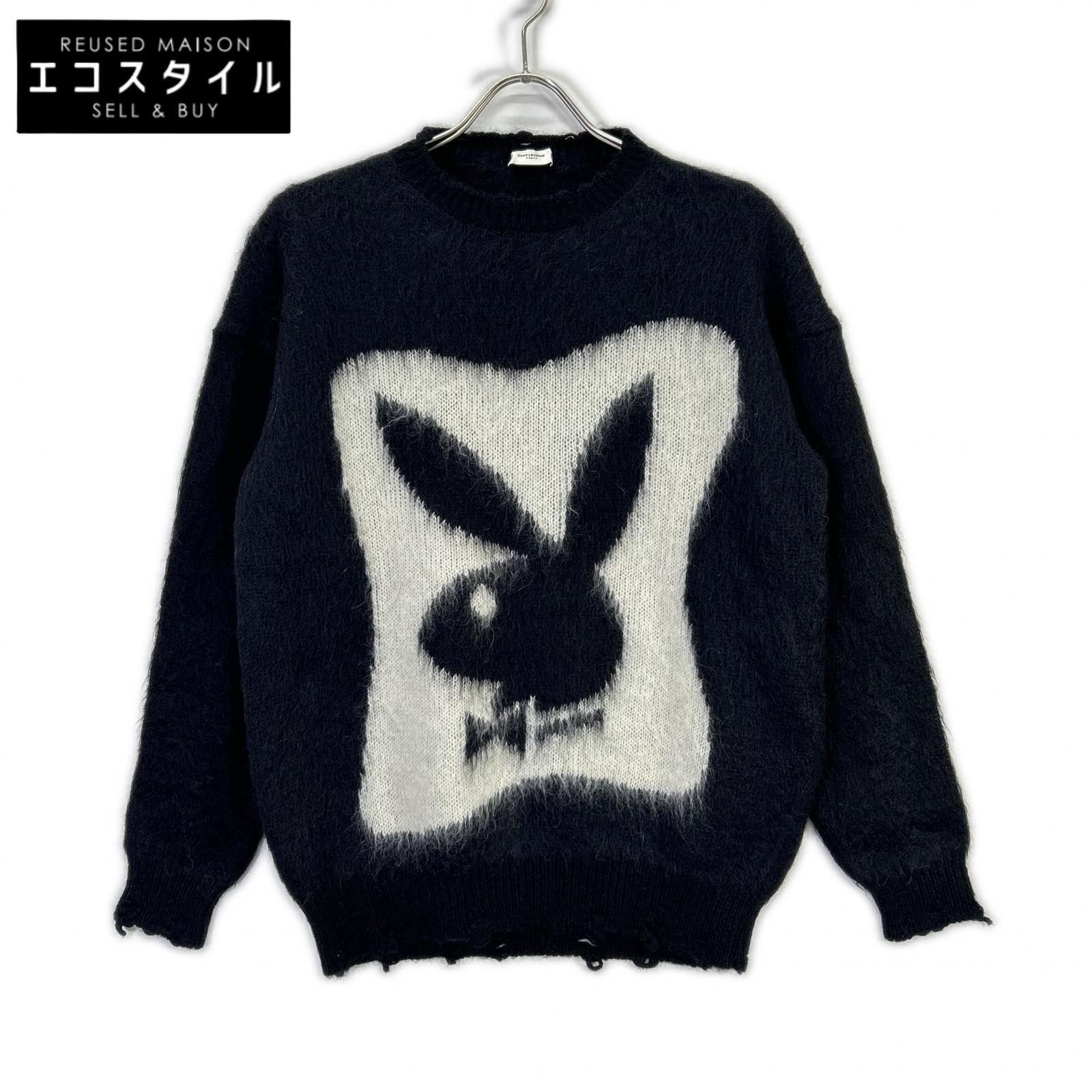 SAINT LAURENT PARIS　サンローランパリ　22年 モヘヤ×ナイロン×ウール ニット XS ブラック プレイボーイコラボ 713263　xs