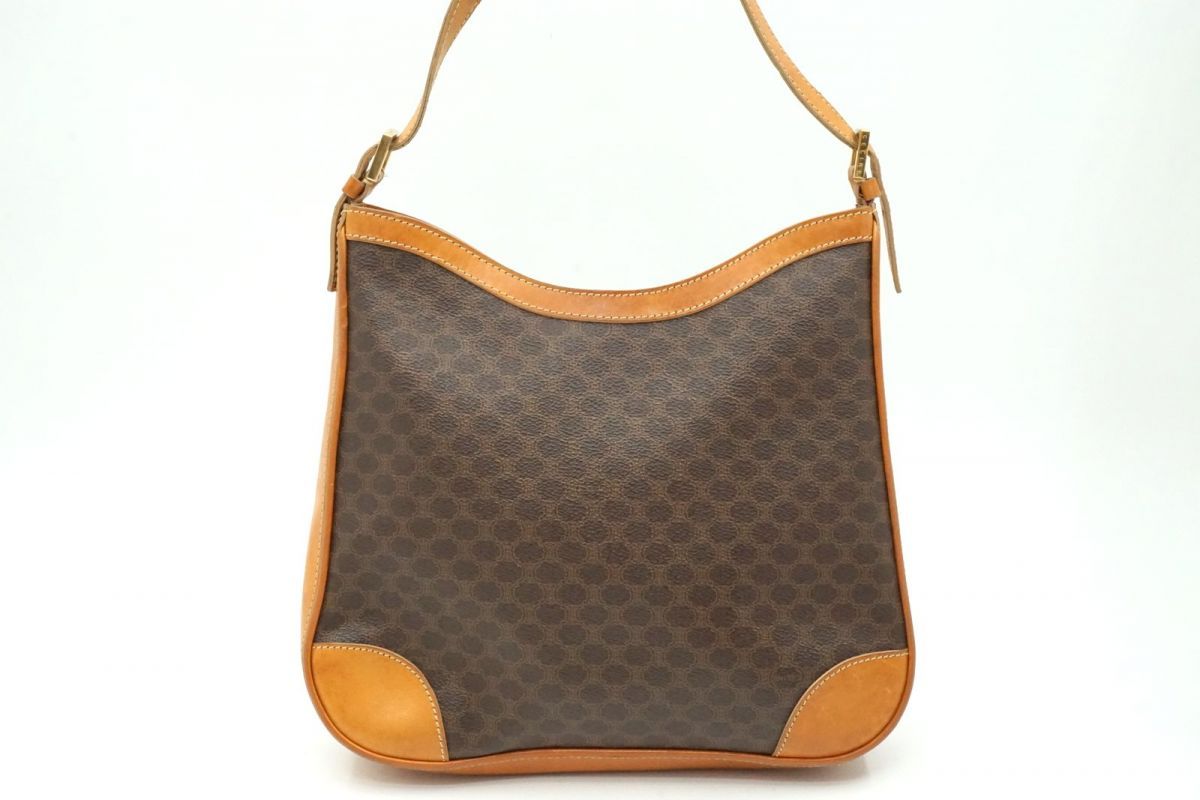 セリーヌ ヴィンテージ マカダム ワンショルダーバッグ ゴールド金具 PVCレザー 茶 ブラウン CELINE 7193h
