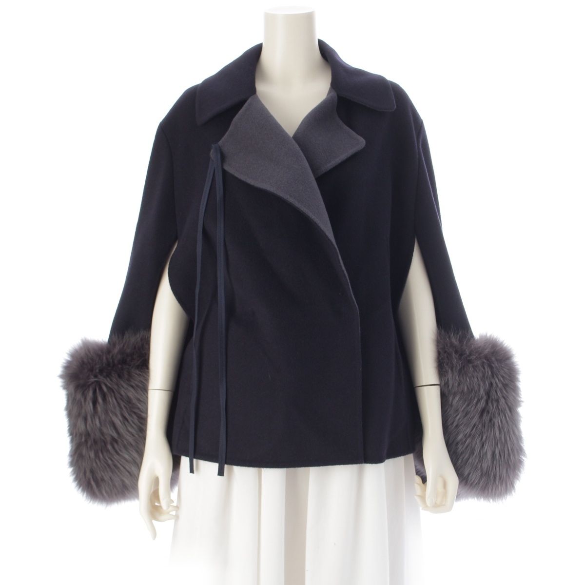 ドゥロワー 22A/W ウールケヌキ フォックスファースリーブ ショートコート ジャケット 6522-234-0733 ネイビー 36【中古】