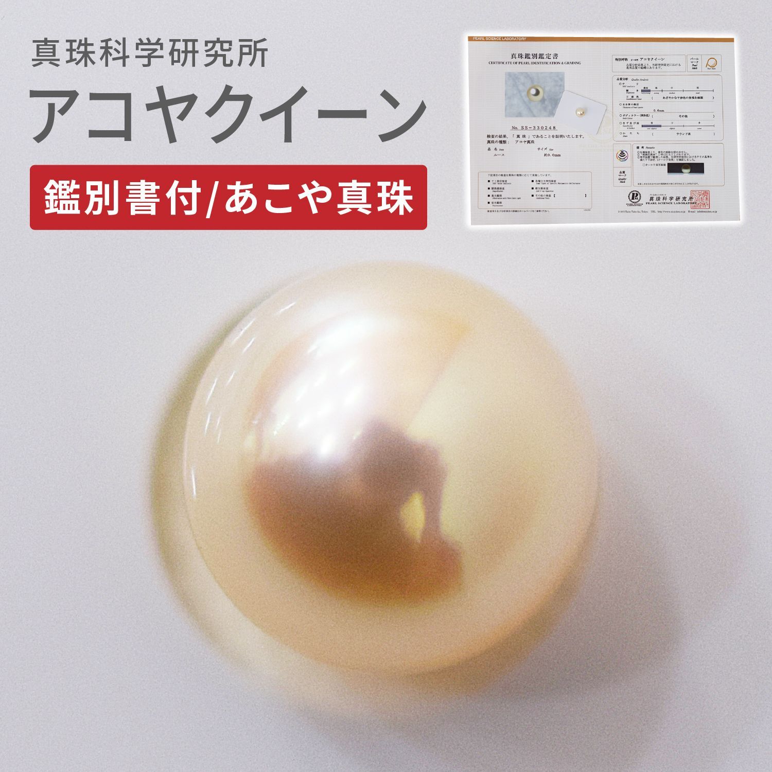 ［pg202_3］真珠科学研究所鑑別書付 鑑定書 証明書 アコヤクイーン 9mm ペンダント ルースあこや真珠 ナチュラルカラー ルースのみ