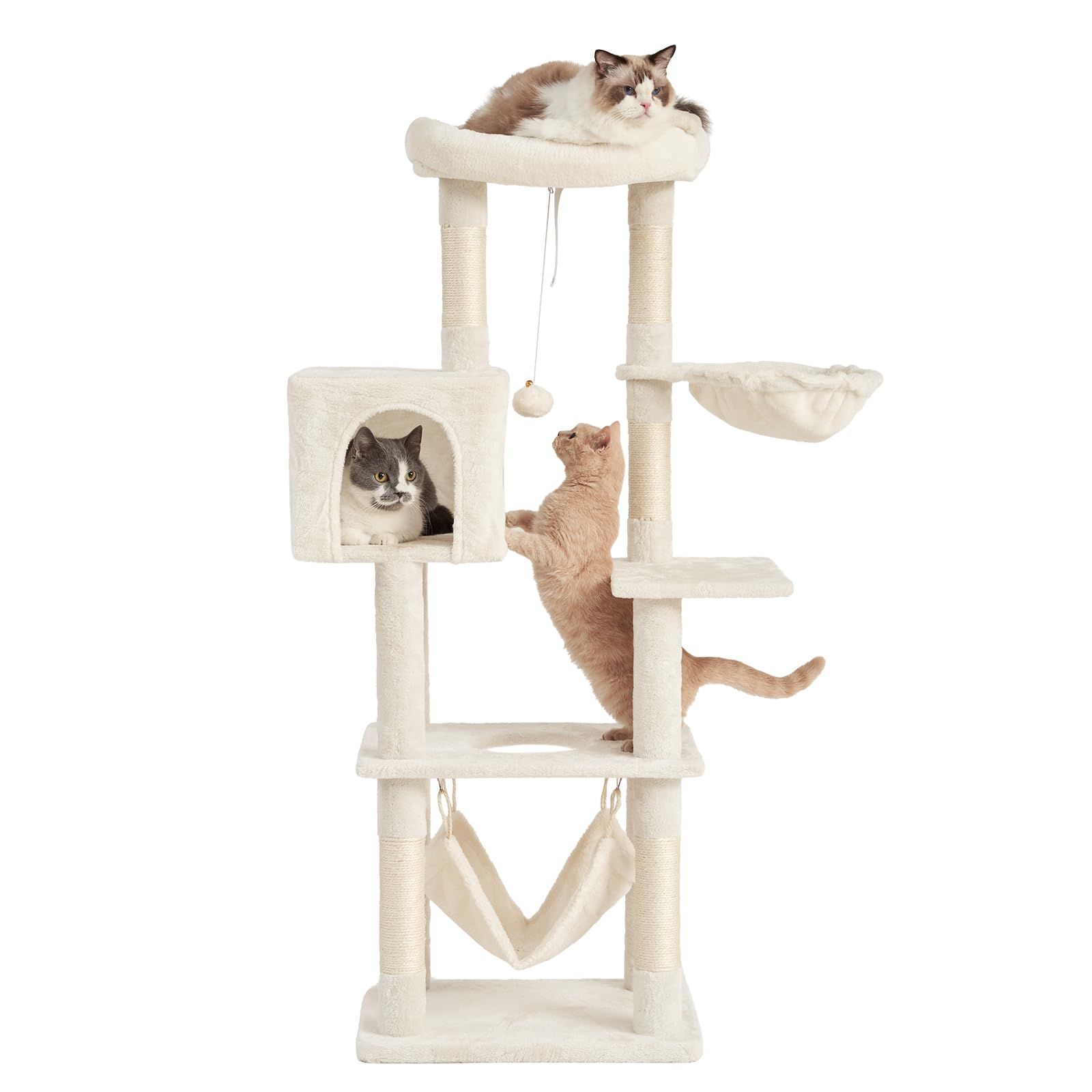 AIFY キャットタワー 大型猫用 多頭飼い 省スペース スリム 据え置き 安定強化構造 ハンモック付き 隠れ家付き 爪とぎ 見晴らし台 おもちゃ付き 運動不足解消 高さ140cm アイボリーmt 2ec65933