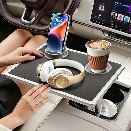 N★車載テーブル ドリンクホルダーに取付 車 トレイ 助手席/運転席/後部座席対応 車 パソコンテーブル 360°回転 車 机 高さ調整 高級レザー×車規格アルミ カップホルダー＆スマホスタンド付 車中泊・休憩・移動オフィス 車内ランチ 長距 347416c9