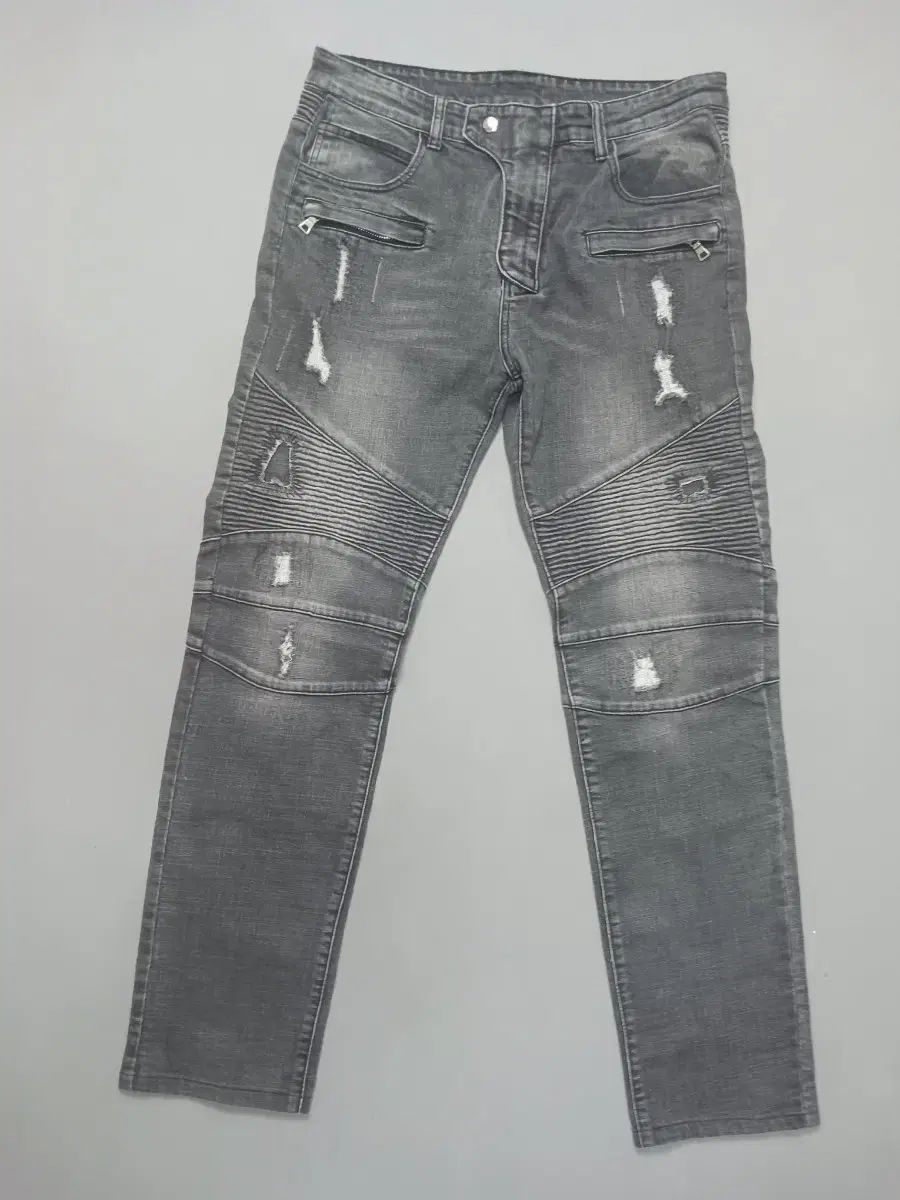 32 BALMAIN バルマン グレー スティッチ 補強 バイカー スリム ジーン