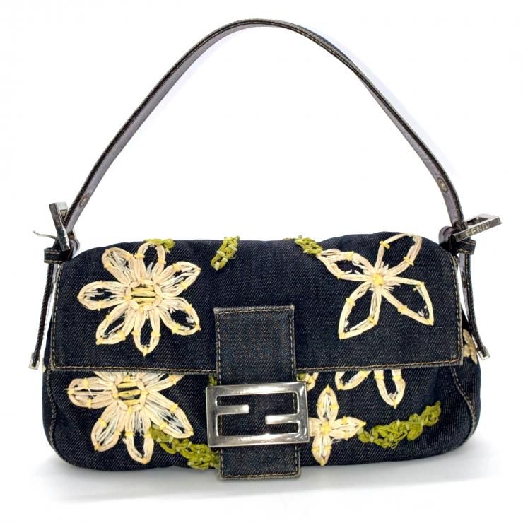 FENDI ハンドバッグ　マンマバケット　デニム 花柄 刺繍　美品　希少 FENDI フェンディ マンマバケット デニム 花柄 フラワー 刺繍