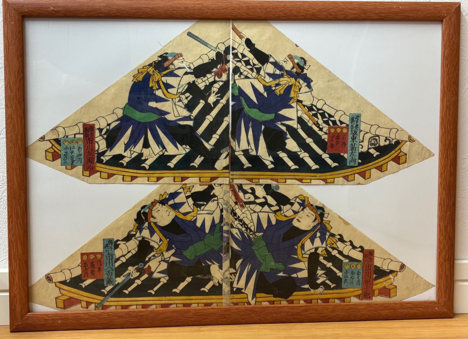 明治期 歌舞伎 扇面 浮世絵 額装 市川左団次 役者絵 骨董 アンティーク