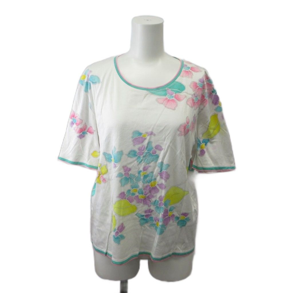 レオナール LEONARD カットソー LL 白 ホワイト マルチカラー 花柄 クルーネック 半袖 Tシャツ /PP ■GY44