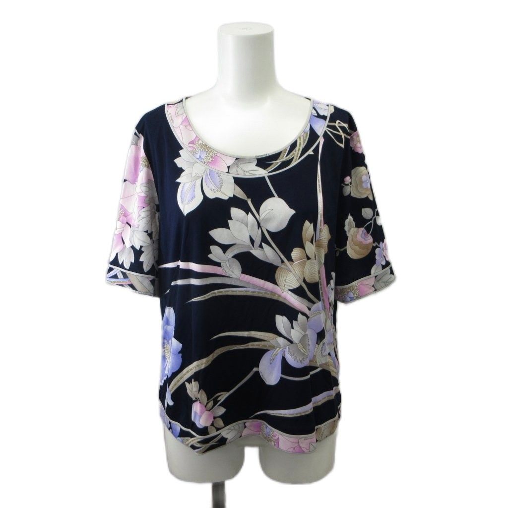 レオナール LEONARD カットソー LL ネイビー 紺 マルチカラー 花柄 クルーネック 半袖 Tシャツ /PP ■GY44