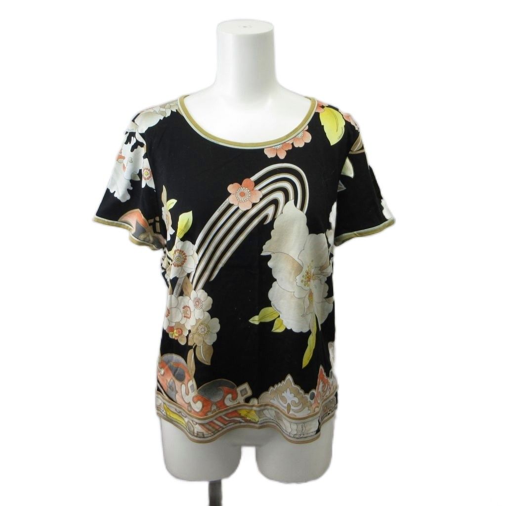 レオナール LEONARD カットソー LL 黒 ブラック ベージュ マルチカラー 花柄 クルーネック 半袖 Tシャツ /PP ■GY44