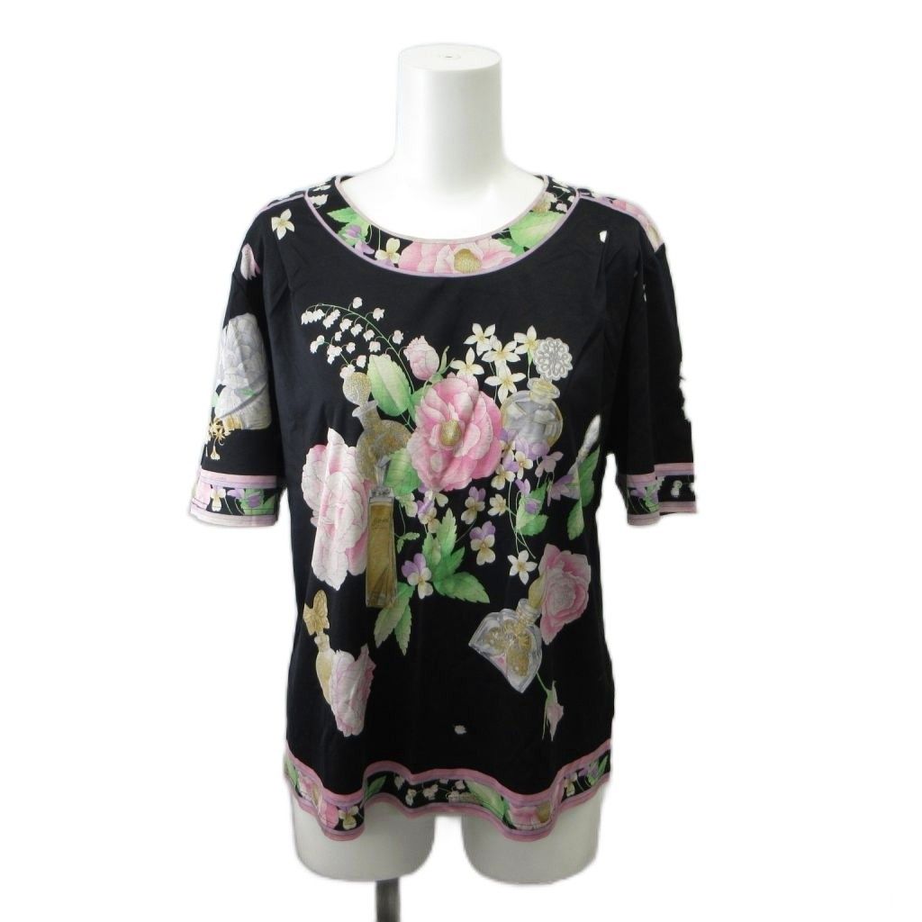 レオナール LEONARD カットソー L 黒 ブラック マルチカラー 花柄 クルーネック 半袖 Tシャツ /PP ■GY